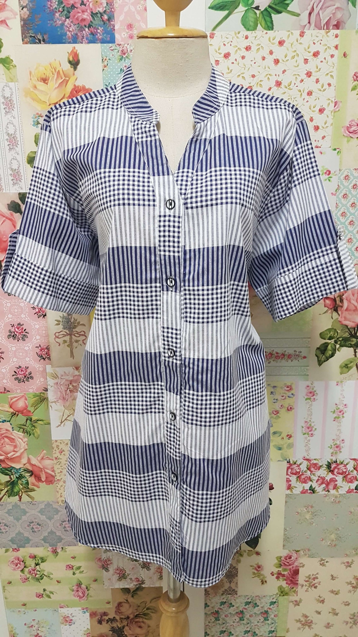 Navy & White Check Blouse CE076