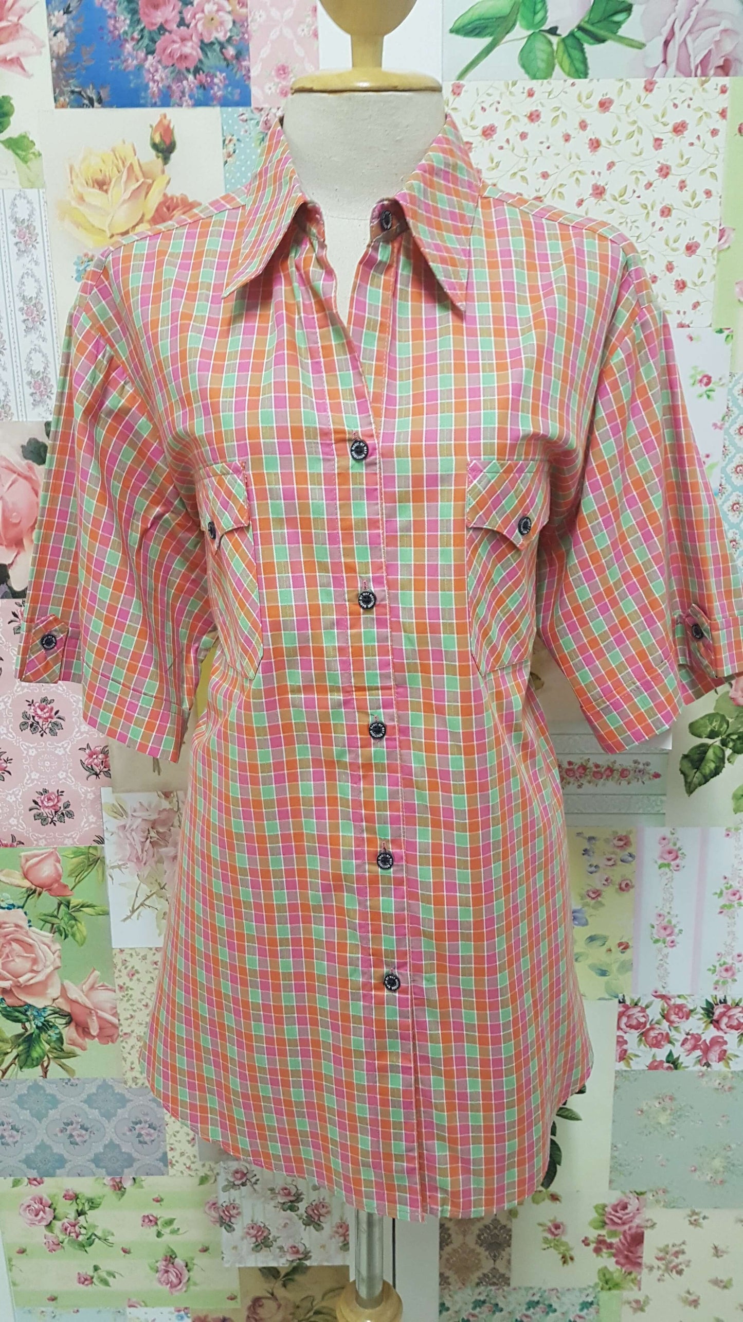 Pink & Orange Check Blouse CE084