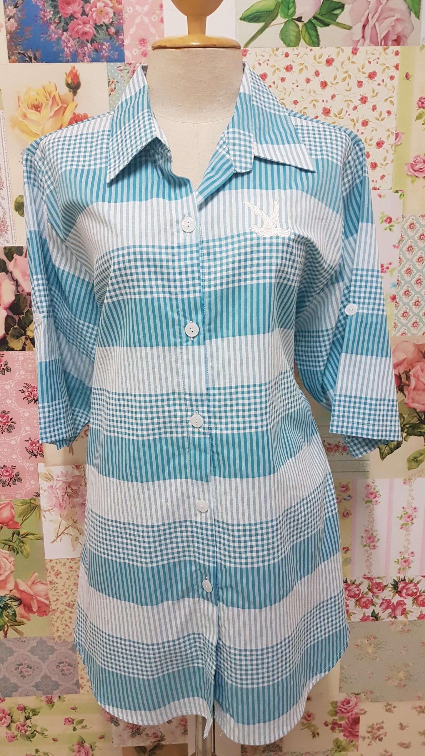 Aqua & White Check Blouse CE089