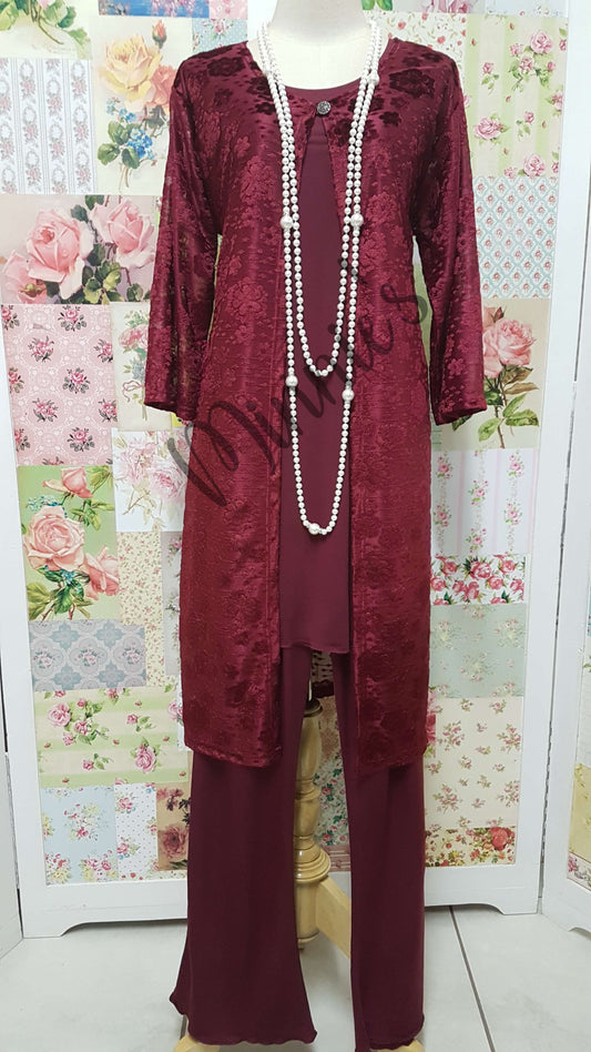 Maroon Velvet 3-Piece Pants Set CH0604